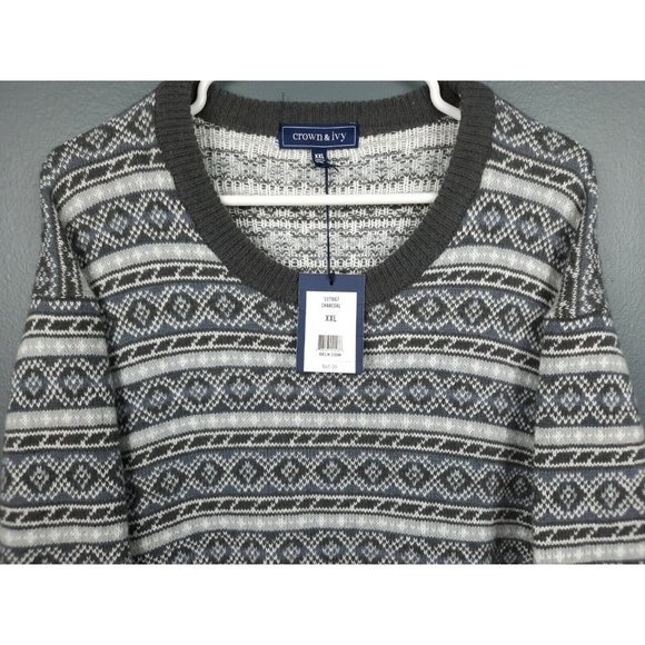 NWT Crown & Ivy Mens Fair Isle Crew Pullover Sweater XXL Gray - Picture 2 of 10